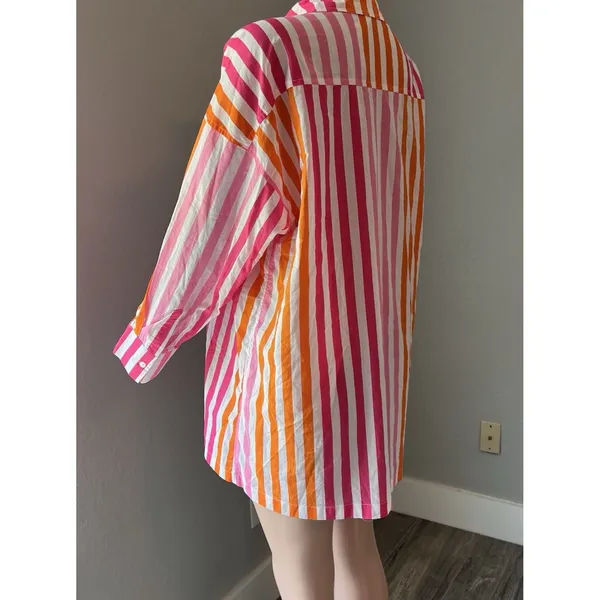 Beach Riot Womens Sz L/XL Top Pink Orange Stripe Swim Cover Up Button Up #148 - Image 5