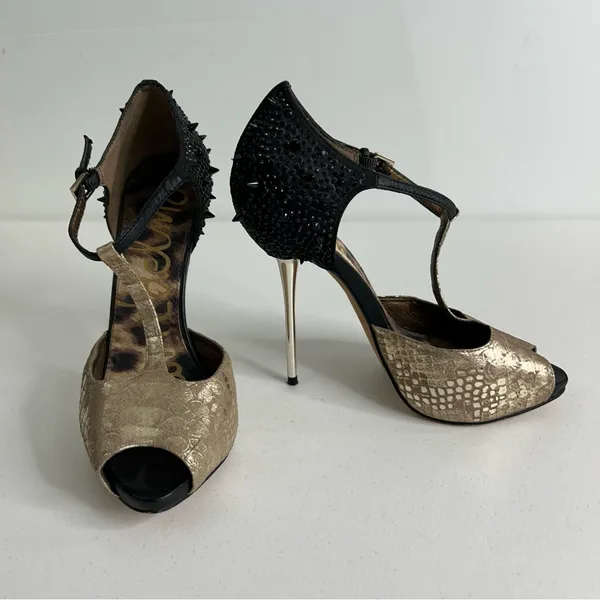 Sam Edelman Scarlett Black‎ and Gold Heels Size 7.5 - Image 3