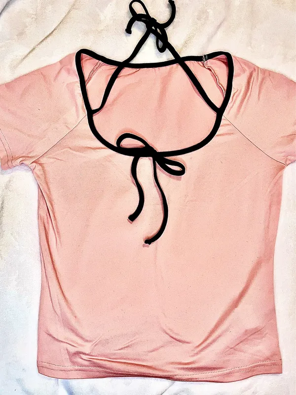 Pink Scoop Neck Tee w/Black Trim and Tie - Image 2