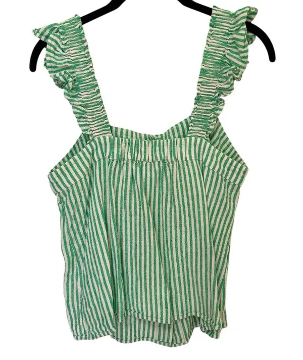 J. Crew Green Striped Linen Button Front Ruffle Top Small - Image 5