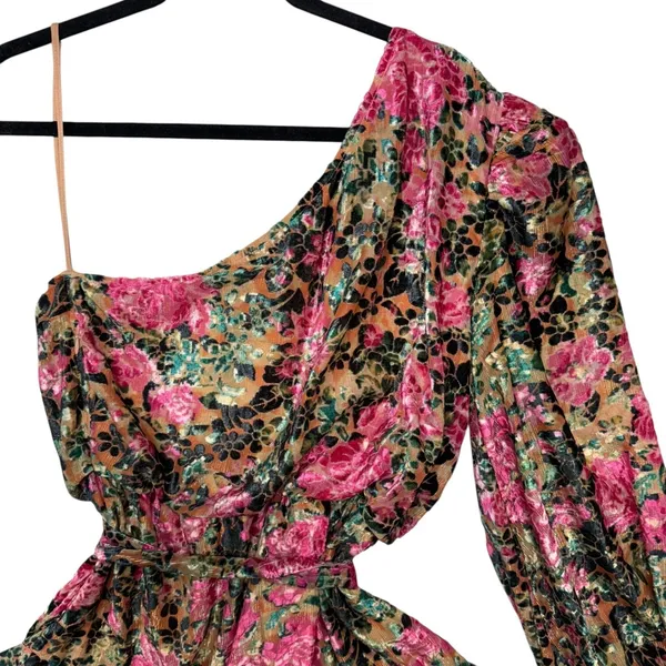 HEMANT‎ & NANDITA One Shoulder Floral Metallic Ruffle Mini Dress XL FLAWED - Image 8