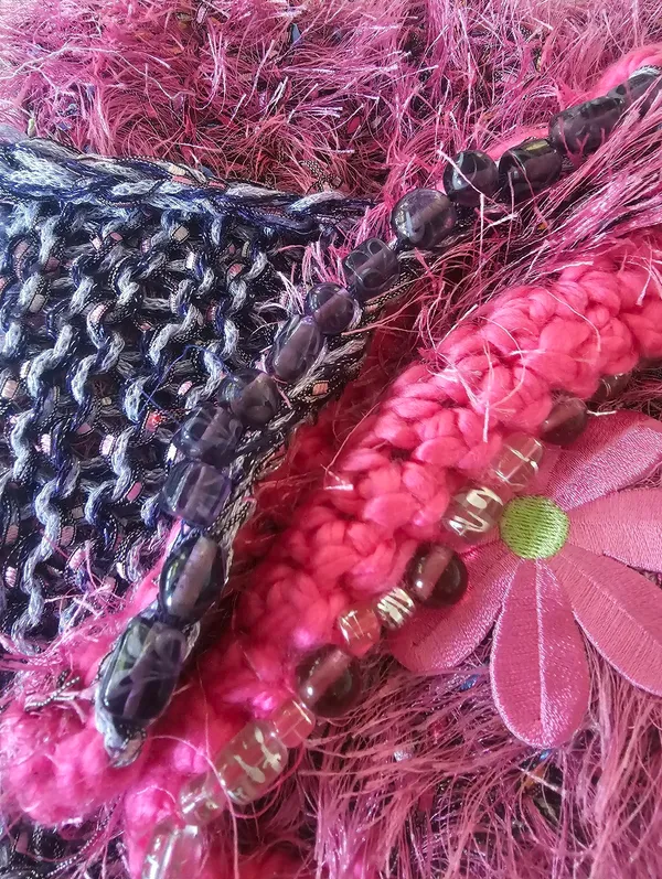Vintage Y2K Hand Knitted Fuzzy E-Girl Scarf – Pink & Purple Eyelash Yarn Beaded - Image 4