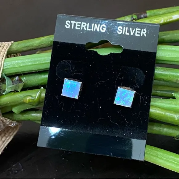 925 Sterling Silver Blue Opal Square Small Stud Earrings - Image 2