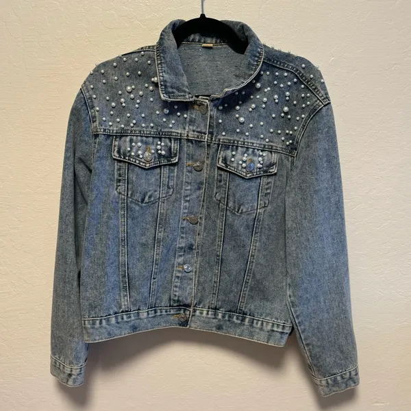 Pearl Studded Denim Jacket Blue Size L - Image 14