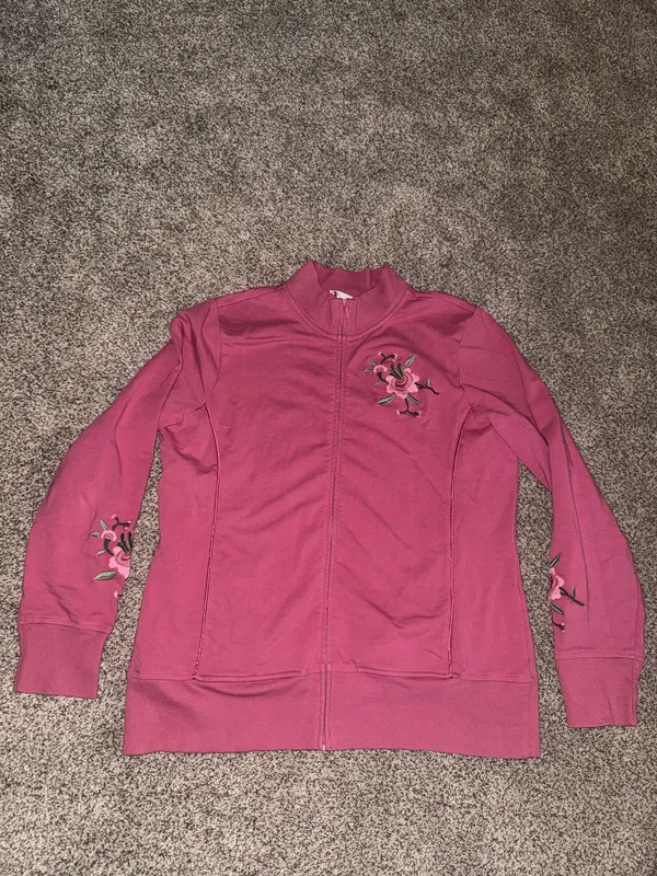 Sport Savvy Women's Pink Floral Embroidered Full Zip Jacket and Pants Set, Medium - Image 2