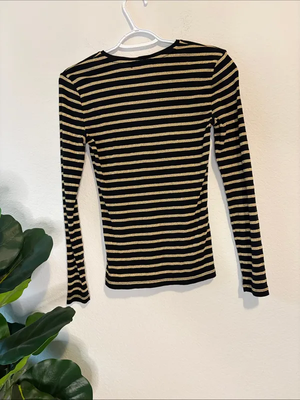 Lauren Ralph Lauren Black & Metallic gold Striped long sleeve Top small - Image 5