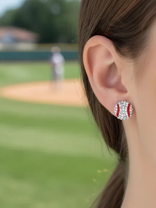 Rhinestone Baseball Stud Earrings in Red & White - Image 2