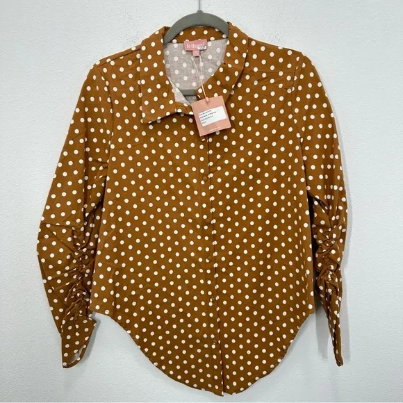 Revolve Le Rumi Size Small Carmel Brown Polka Dot Tie Front Button Down Crop Top - Image 2