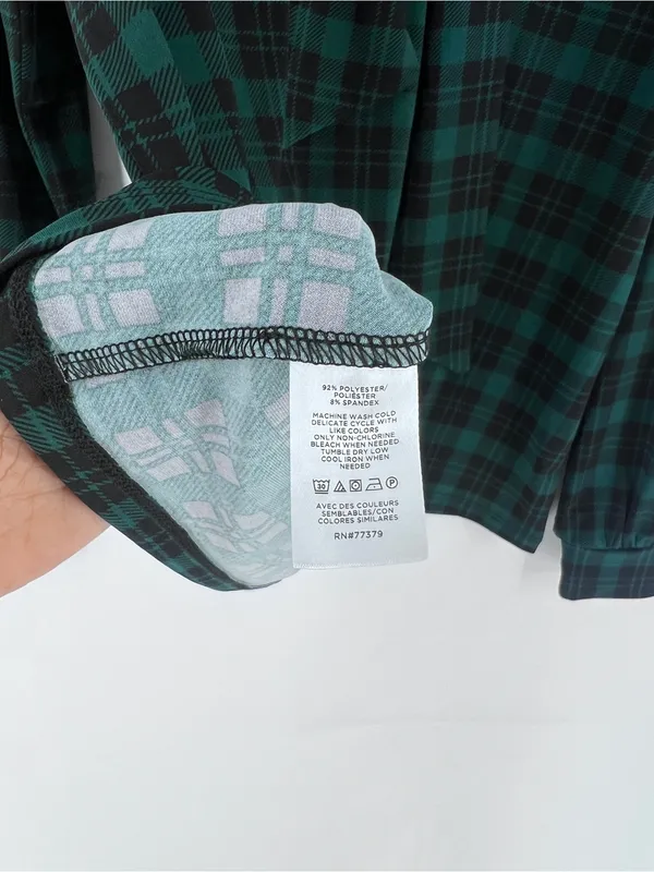 Ann Taylor Stretch Jersey Knit Green Black Plaid Tie-Neck Blouse Size S‎ - Image 7