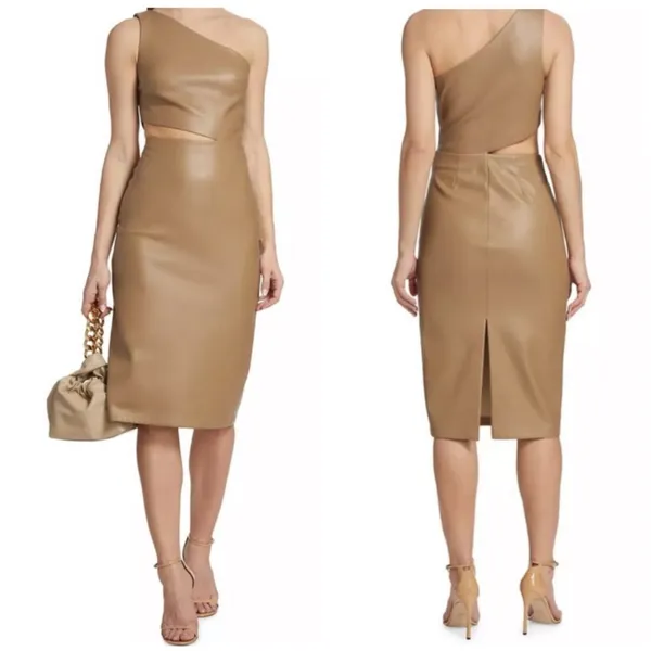 NWT L'Agence Tan Brown Aliyah Cutout One-Shoulder Faux Leather Dress Size 18 - Image 2