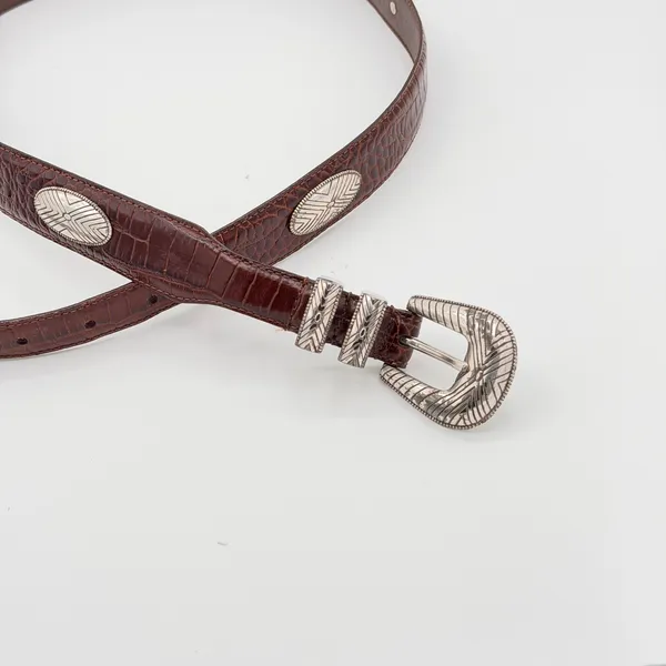 Fossil Size 38 Brown Croc Embossed Leather Concho Western Belt Equestrian Rodeo - Image 2