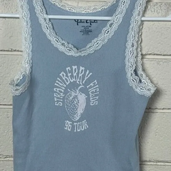 Brandy Melville Galt lace-trim "Strawberry Fields '96” blue tank one size - Image 4