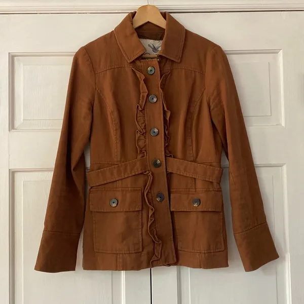 Anthropologie Tabitha Theodora Burnt Orange Rust Jacket Ruffle‎ Military Size 4 - Image 2