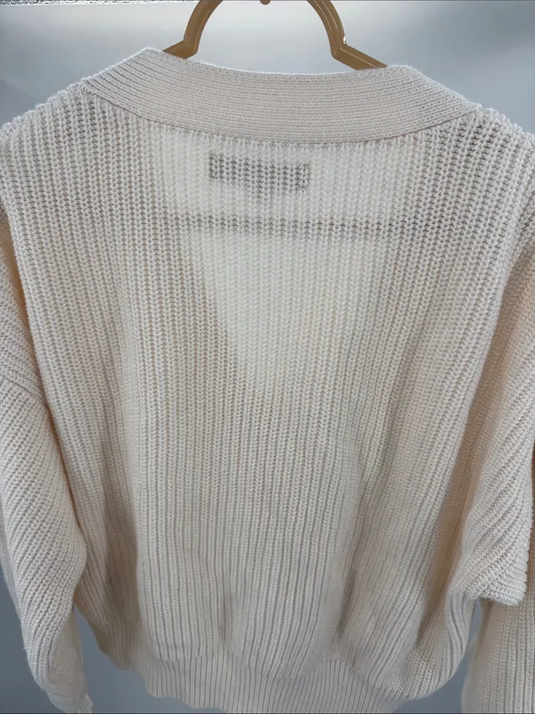 LOFT Cream Ribbed slouchy cropped cardigan S cotton casual fall winter neutral - Image 3