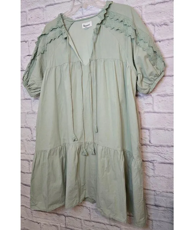 &Merci green cotton boho gauze peasant puff sleeve lace dress medium. - Image 3