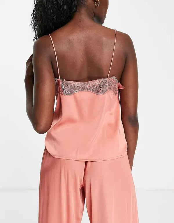 NWOT ASOS DESIGN satin pajama cami with lace in rust. Size US 10 - Image 3