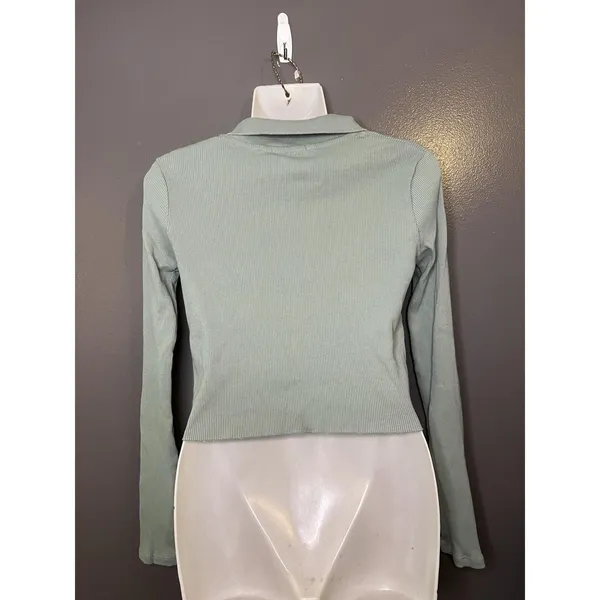 Brandy Melville Cardigan Sweater Womens Small Green Ribbed Button Front Cropped - Image 4