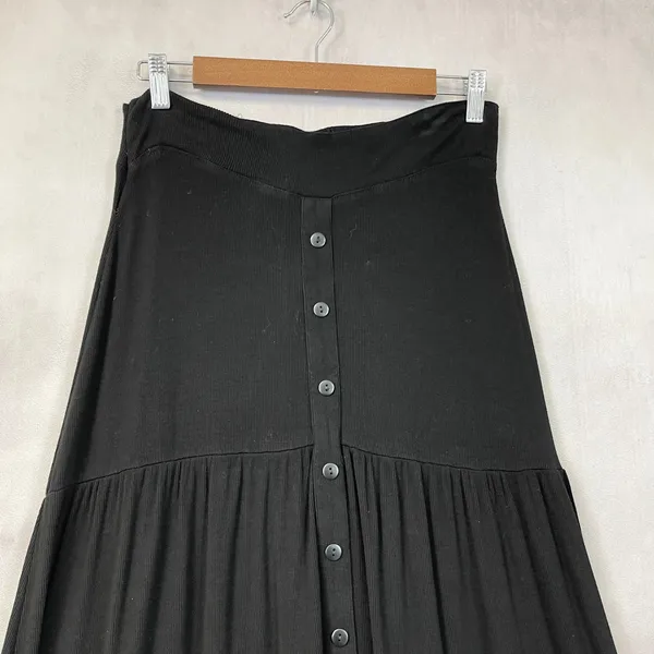 Tiered Button Front Maxi Skirt Size S Black Ribbed Stretchy Grunge Dark Cottage‎ - Image 3