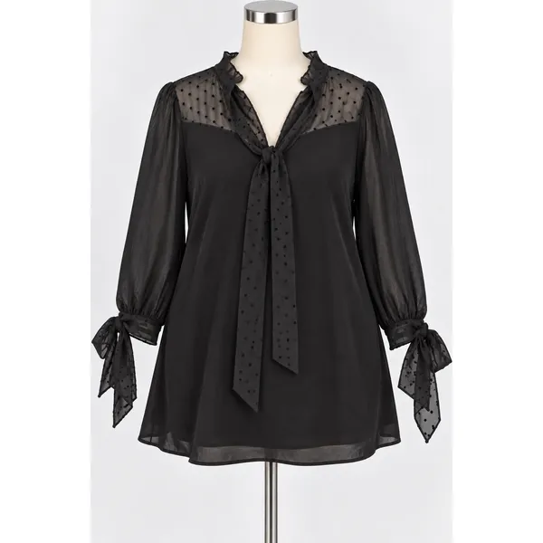 Zara Black Swiss Dot Mesh Tie Neck Mini Dress Long Sleeve Large Parisian Chic - Image 2