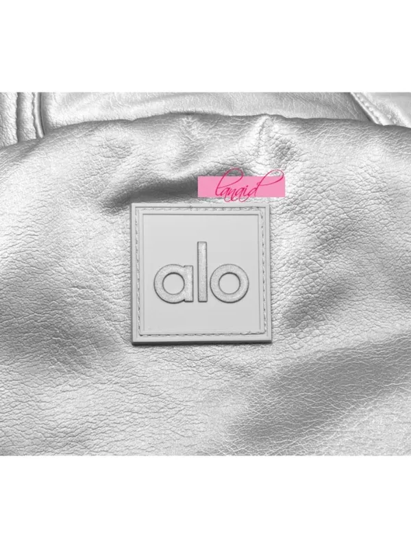 Alo Orion Cropped Puffer Silver Ivory Shiny Metallic Warm Sherpa-Lined Coat L - Image 7