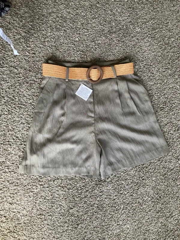 Zara High Waisted Linen Blend Bermuda Shorts Belted Size S NWT - Image 3