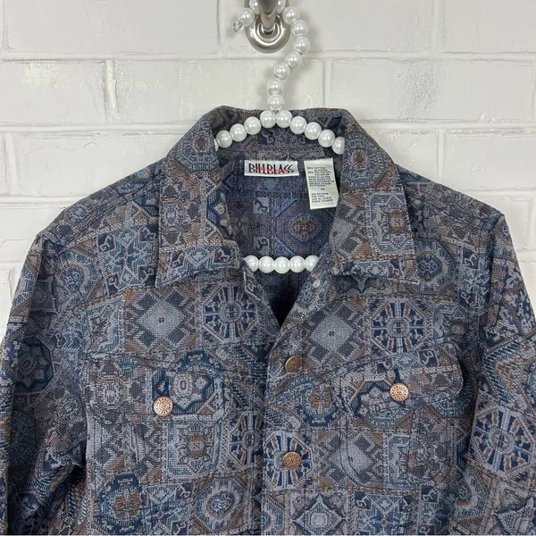Vintage Bill Blass Patterned Tapestry Trucker Jacket Size M Blue Size M - Image 3