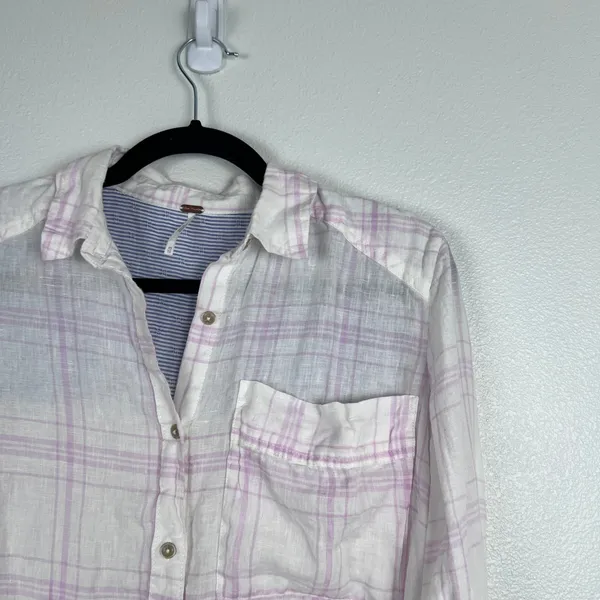 Free People Women's No Limits Plaid Linen Button‎ Down Shirt Sz XS - Image 3