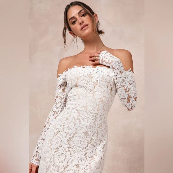 LULU’S Romance Dreamer White Lace Off The Shoulder Maxi Dress - Image 3