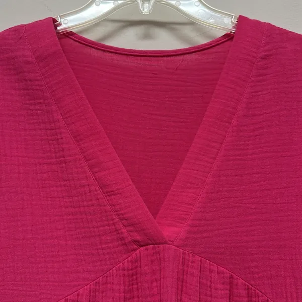 NWOT Emery Rose Vibrant Pink V-Neck 100% Cotton Gauze Dress Size L - Image 2