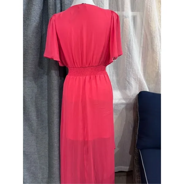 Express Womens coral Chiffon Maxi Dress V-Neck Smocked Waist Flutter Sleeve Med - Image 5