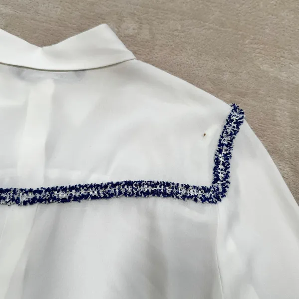 Zara White Button Down Blouse Blue Braided Tweed Trim‎ Gold Button Small - Image 9