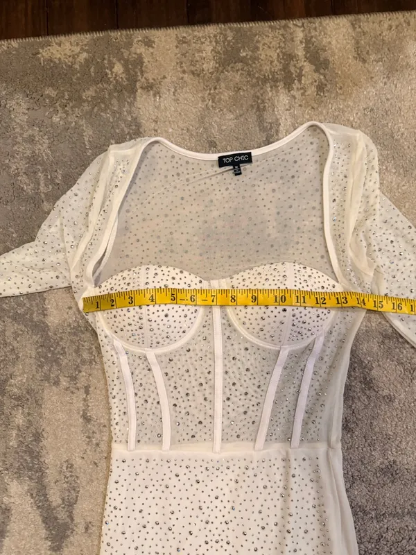 Top Chic White Embellished Mesh Bustier Bodycon Dress - Image 5