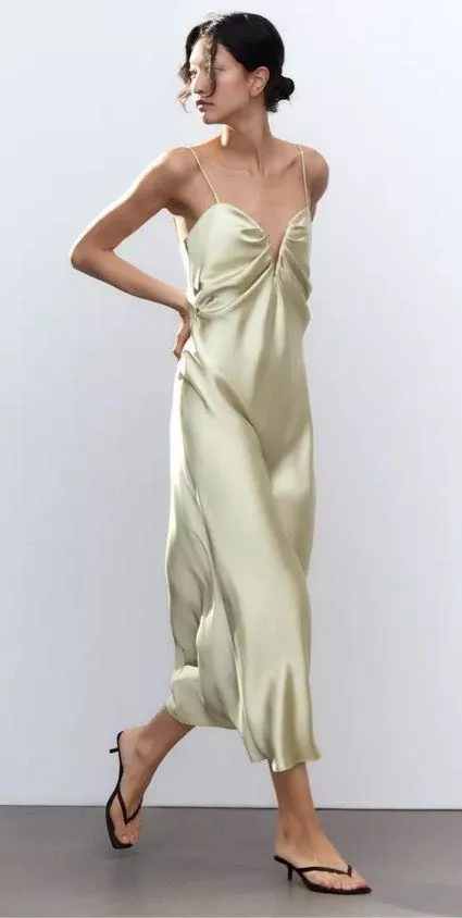 Zara dress maxi midi gown evening wedding party satin olive green corset - Image 5