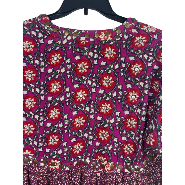 Free People Boho Floral Peasant Top M Purple Red Tie Up Studded Beaded Rayon - Image 5