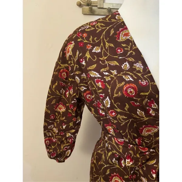 Madison Matthews Brown Autumn Leaves Wrap Mini Dress Ruffled S - Image 3