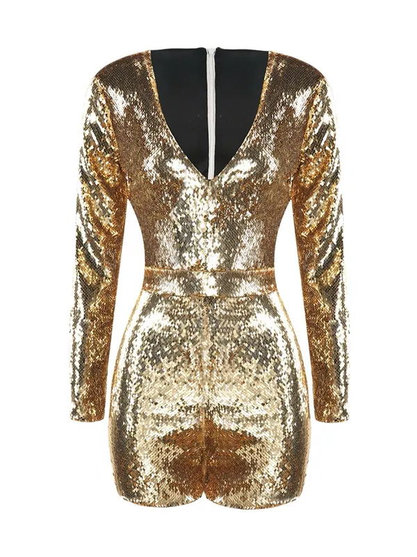 HAODUOYI Gold Sequin V-Neck Long Sleeve Party Romper - Size Medium - Image 9