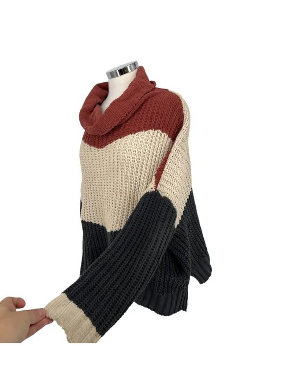 POL Chenille Colorblock Oversized Turtleneck Sweater Orange Ivory Size Medium - Image 4