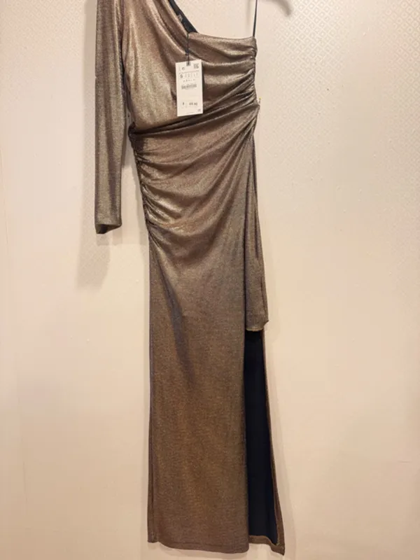 NWT Zara Metallic Bronze One Shoulder Ruched High Slit Asymmetrical Maxi Dress S - Image 11