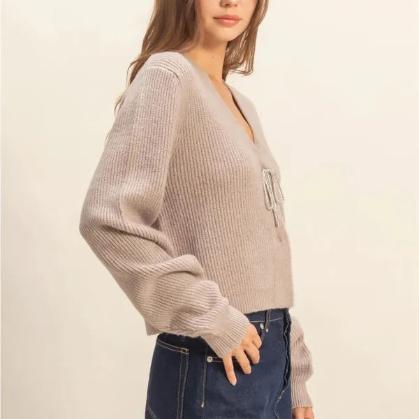 HYFVE Sparkly Bow Embellished Mocha Taupe Cardigan | Holiday Sweater size L - Image 3
