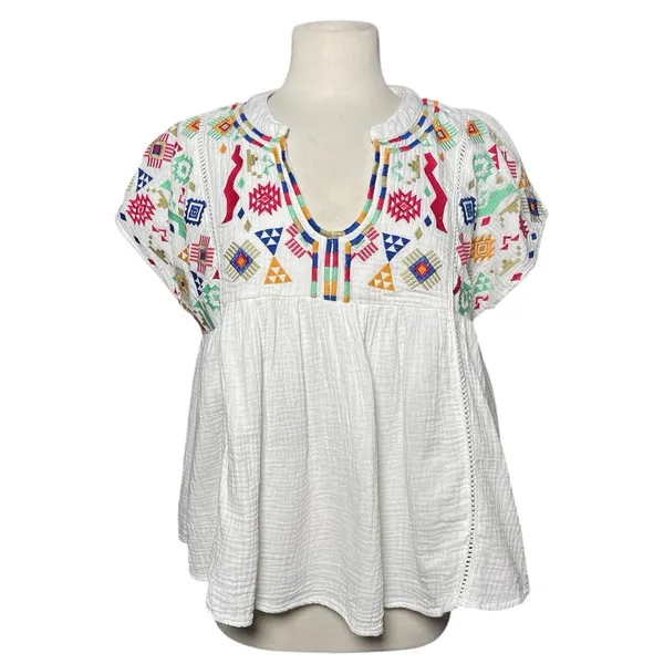 UMGEE Women’s Boho White Gauze Embroidered Babydoll Short Sleeve Top - Image 2