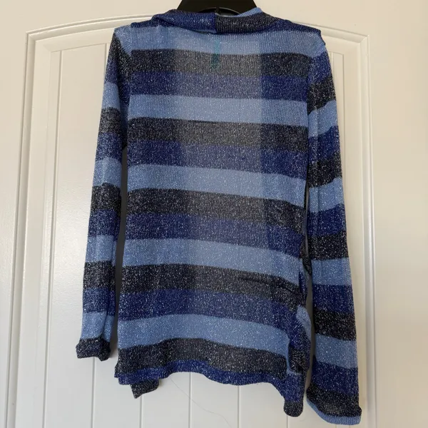 Y2K Metallic Lurex Shimmer Striped Cardigan | Fairy Grunge Coquette Sparkle Knit Sweater Blue Open Front Small - Image 7