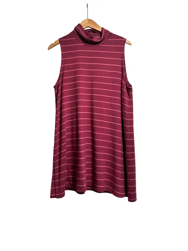 Garnet Hill Mock Turtleneck Tunic Top | Size Large | Burgundy Stripe | EUC - Image 2