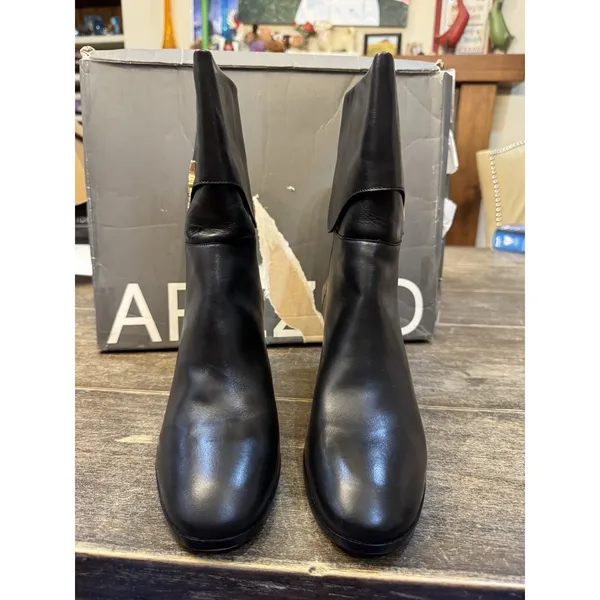 Arezzo Women's Black Leather Vivian Mid Block Rounded Toe Equestrian Size 10B - Image 4
