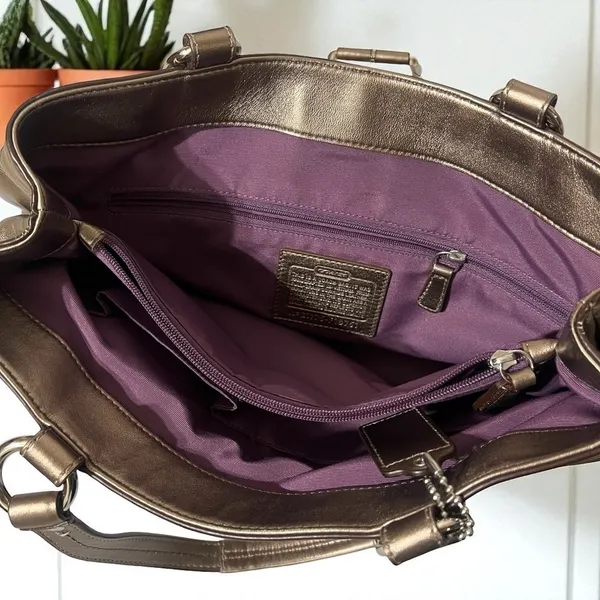 Coach Metallic Bronze Leather Buckle Shoulder Bag Satchel Handbag Purse‎ - Image 9