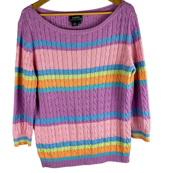Vintage Lauren by Ralph Lauren Cable Knit Boat Neck Striped Sweater‎ Size Large - Image 2