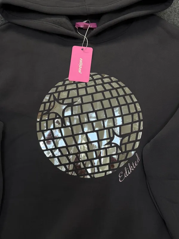 Edikted Oversized Charcoal Gray Hoodie with Silver Disco Graphic - Image 3