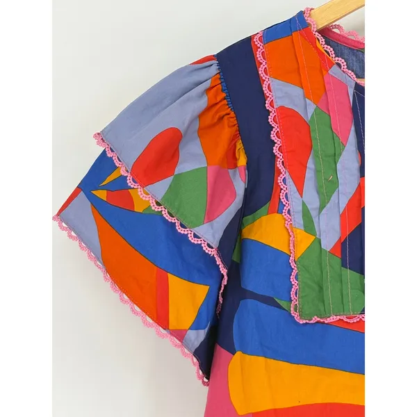 Sugarlips Abstract Floral Blouse Women XL Multicolor Flutter Sleeve Crochet Trim - Image 4
