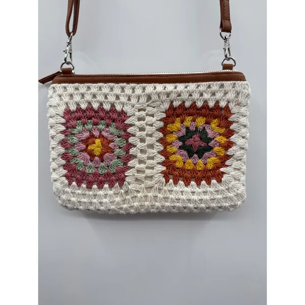 Earthbound Trading Crochet Granny Square Crossbody Bag Cream Boho Festival Purse - Image 4