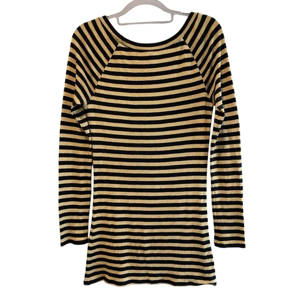 Express‎ Womens Striped Long Sleeve Crew Neck Top Gold Metallic Black Size M - Image 4