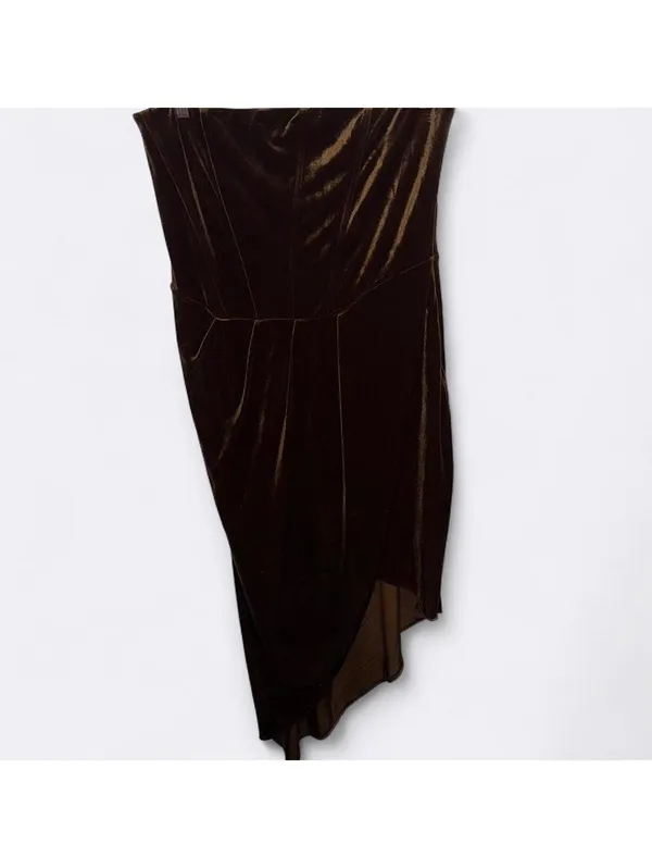 Express velvet strapless corset asymmetrical midi sheath dress in espresso color - Image 3